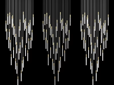 Three Modern Chandeliers with Slim Metal Rods Silver and Gold Hanging on Black Background 3d model