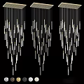 Three Modern Chandeliers with Slim Metal Rods Silver and Gold Hanging on Black Background