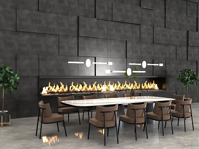 Modern Dining Table Set With Chairs Fireplace Flames Chandelier And Gray Wall 3d model