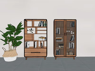 Modern Wooden Bookcases With Open Shelves Glass Doors And Indoor Plant Decorative Items 3d model