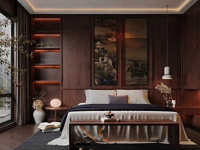 Traditional Wooden Bedroom Interior With Double Bed Hanging Paintings And Bench 3d model