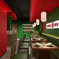 Red Accent Restaurant Interior With Green Walls Lantern Decor White Plate Display And Wooden Seats