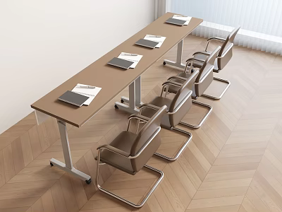 Long Wooden Office Desk With Leather Chairs And Notebooks In Modern Office 3d model