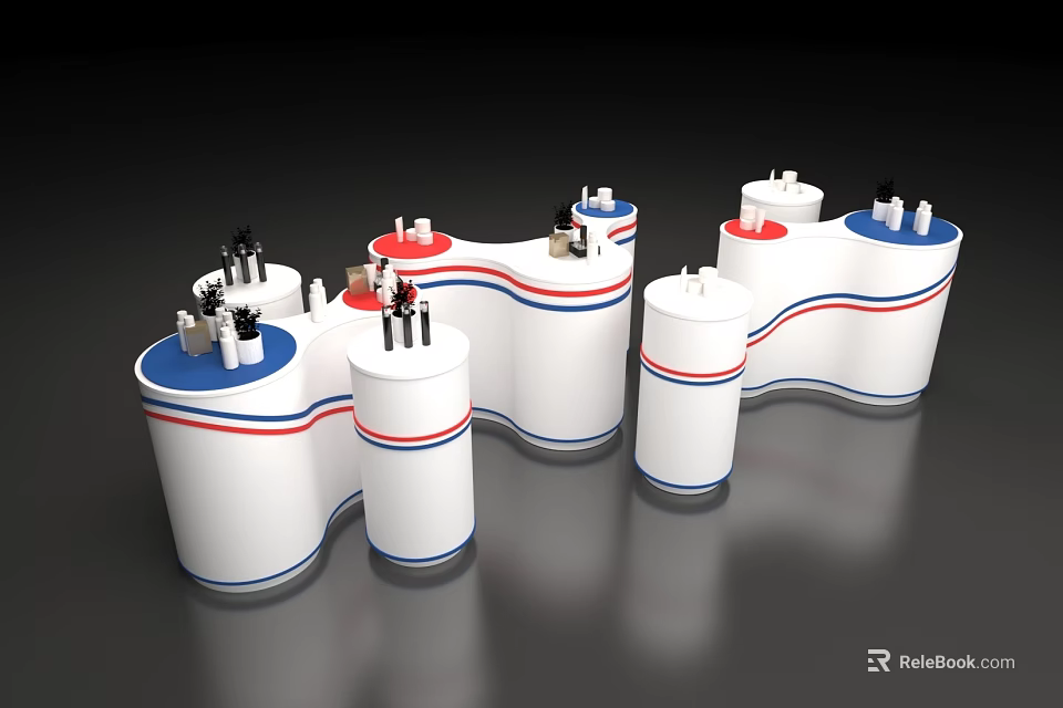 Modern Display Shelves With White Bodies Red Blue Stripes And Curved Modular Design 3d model 