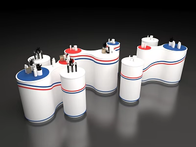 Modern Display Shelves With White Bodies Red Blue Stripes And Curved Modular Design 3d model
