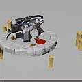 Tactical Gun Display On Circular Platform With Bullets Red Object And Yellow Pillars 3d model