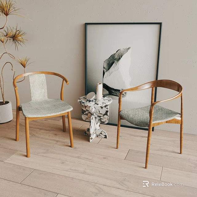 Casual Sofa Set Featuring Wooden Frame Gray Woven Cushions Marble Pattern Side Table 3d model