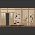 Cartoon Scene of Cozy Wooden Room Interior with Grid Windows Table Bookshelf and Decorative Elements