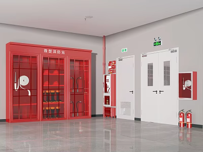 Fire Safety Equipment Station With Red Cabinet Fire Extinguishers And Emergency Exit Doors 3d model