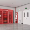 Fire Safety Equipment Station With Red Cabinet Fire Extinguishers And Emergency Exit Doors