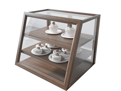 Wooden Display Shelf with Glass Door Holding Cakes and Cupcakes on Layered Shelves 3d model