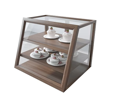 Wooden Display Shelf with Glass Door Holding Cakes and Cupcakes on Layered Shelves 3d model