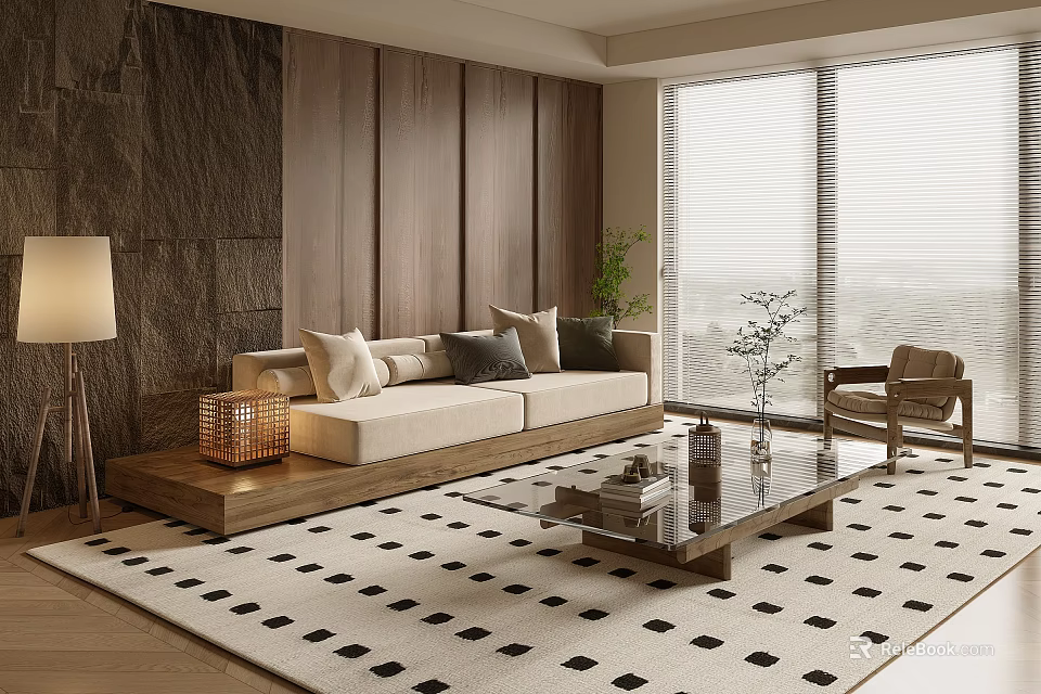 Modern Living Room Interior With Beige Sofa Wooden Wall And Black White Rug 3d model 