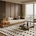 Modern Living Room Interior With Beige Sofa Wooden Wall And Black White Rug