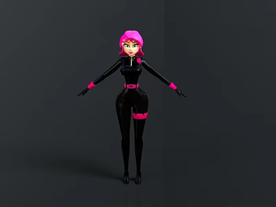 Woman with pink hair in black tight outfit with pink accents standing against gray background 3d model