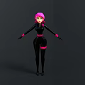 Woman with pink hair in black tight outfit with pink accents standing against gray background