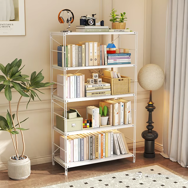 Organized Multi tiered Metal Frame Bookshelf With Books Decorations Storage Box And Potted Plant 3d model 