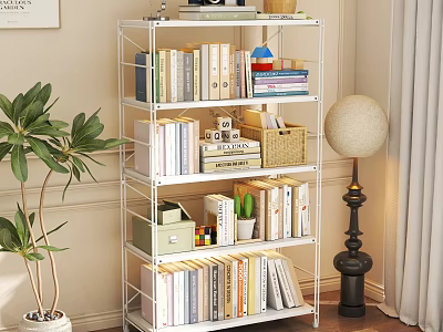 Organized Multi tiered Metal Frame Bookshelf With Books Decorations Storage Box And Potted Plant 3d model