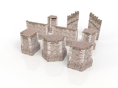 Ancient Medieval Castle Stone Structure With Multiple Towers And Tiled Roofs 3d model