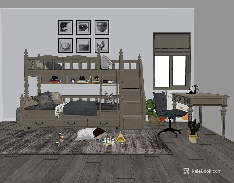 Wooden Bunk Bed with Step Ladder Storage Shelves and Desk Chair in Kids Room 3d model 