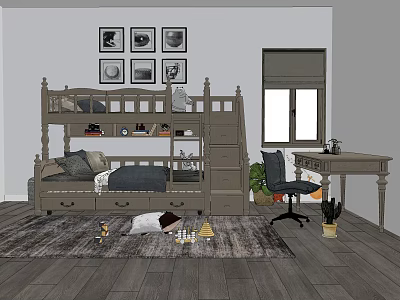 Wooden Bunk Bed with Step Ladder Storage Shelves and Desk Chair in Kids Room 3d model