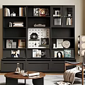 Black Modern Bookcase Interior With Books Decorative Items Photo Frames Magazines And Clock
