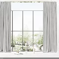 Large Floor-to-Ceiling Windows With Gray Curtains And Green Trees Outside Scenic View