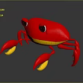 Red Cartoon Crab Character With Yellow Claws On Shiny Black Surface