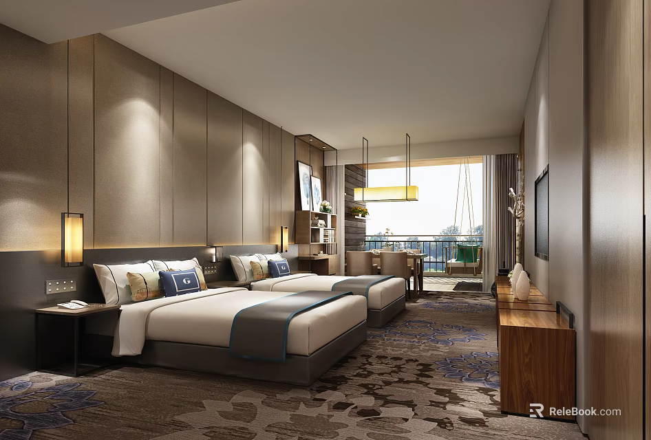 Modern Hotel Room Interior With Twin Beds Wooden Wall Paneling And Patterned Carpet 3d model 
