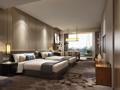 Modern Hotel Room Interior With Twin Beds Wooden Wall Paneling And Patterned Carpet 3d model