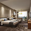 Modern Hotel Room Interior With Twin Beds Wooden Wall Paneling And Patterned Carpet