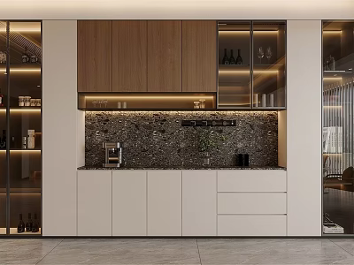 Modern White and Wooden Sideboard with Glass Doors LED Lighting and Textured Backsplash 3d model