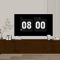 Wooden TV Stand with Large Screen TV Displaying 08 00 Decorative Items and Green Plant