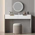 White Dressing Table With Round Mirror Cosmetics Bottles And Stool 3d model