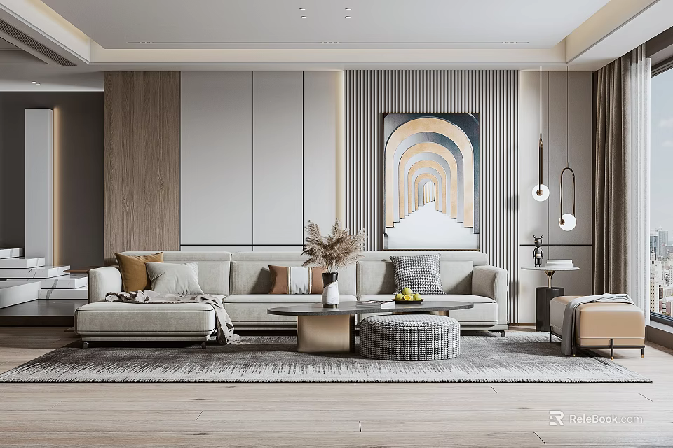 Modern Living Room Interior With Beige Sofa Gray Coffee Table Area Rug And Artwork 3d model 