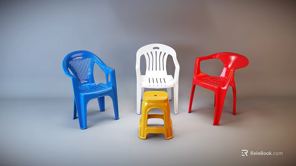 Colorful Plastic Single Chairs With Armrests In Blue White Red 3d model 
