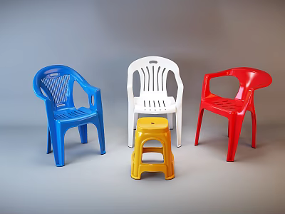 Colorful Plastic Single Chairs With Armrests In Blue White Red 3d model