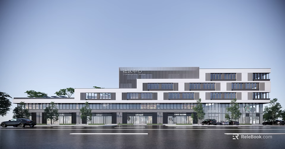 Modern Office Building Exterior With Large Glass Windows Trees And Parking Area 3d model 