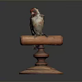 Red Headed Bird With Yellow And Black Feathers Perched On Wooden Stand With Circular Base