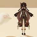 Anime Character with Long Hair in Traditional Outfit and White Cloud like Creature with Smiling Face