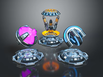 Futuristic Sci-Fi Technology Devices with Metallic Glowing Structures Sphere Ring and Tower like Pedestals 3d model