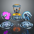 Futuristic Sci-Fi Technology Devices with Metallic Glowing Structures Sphere Ring and Tower like Pedestals 3d model