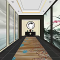Spacious Elevator Hallway With Decorative Paintings Patterned Carpet And Modern Lighting 3d model