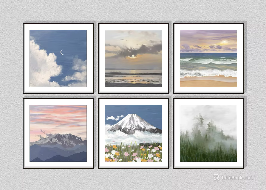 Framed Wall Art Collection With Clouds Moon Sunset Ocean Waves Mountains And Forest 3d model