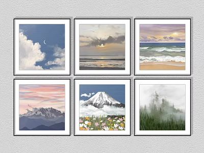 Framed Wall Art Collection With Clouds Moon Sunset Ocean Waves Mountains And Forest 3d model