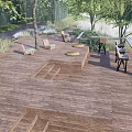Stylish Courtyard Garden With Wooden Deck Trees Green Plants Outdoor Tables Chairs And Black Screen
