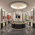Elegant Jewelry Store Interior Featuring Display Cases Chandelier Red Backdrop Walls And Marble Floor