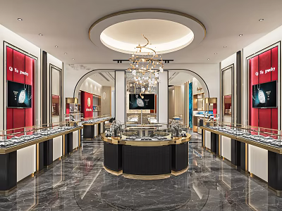 Elegant Jewelry Store Interior Featuring Display Cases Chandelier Red Backdrop Walls And Marble Floor 3d model