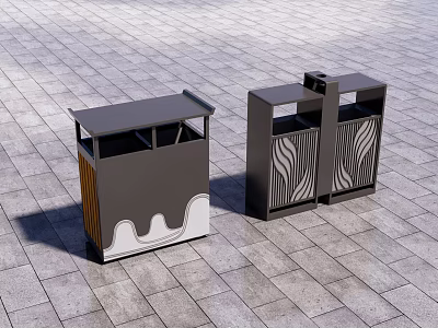 Modern Outdoor Trash Bins With Wavy And Striped Patterns On Paved Surface 3d model