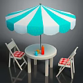 Outdoor Table with Round Design Blue White Striped Umbrella Red White Checkered Chairs Colorful Bottles
